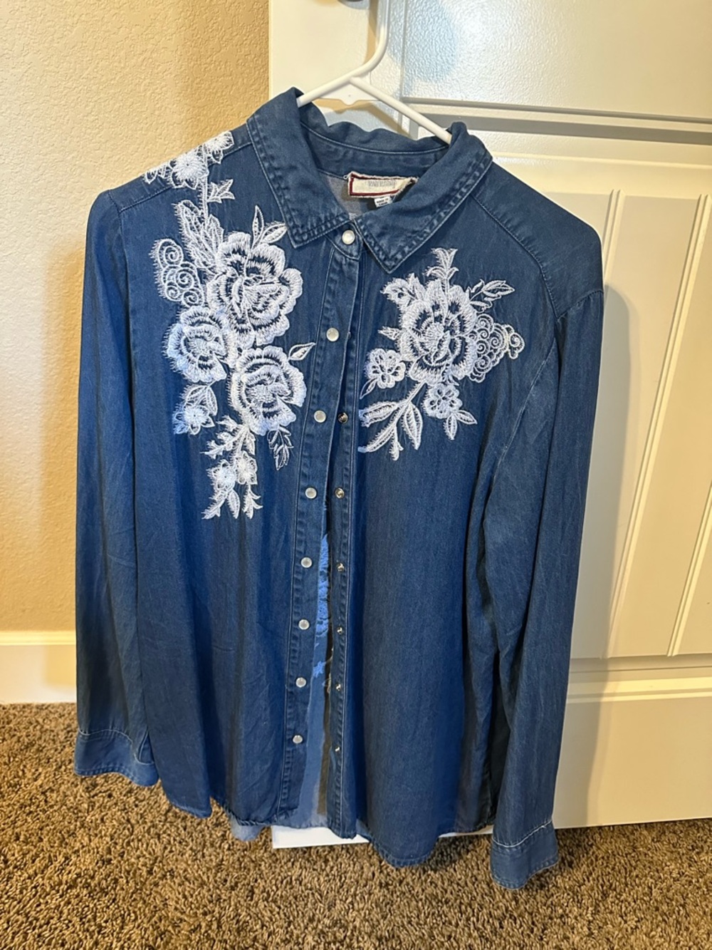 Johnny Was Denim Embroidered Button-Up Shirt with White Floral Lace